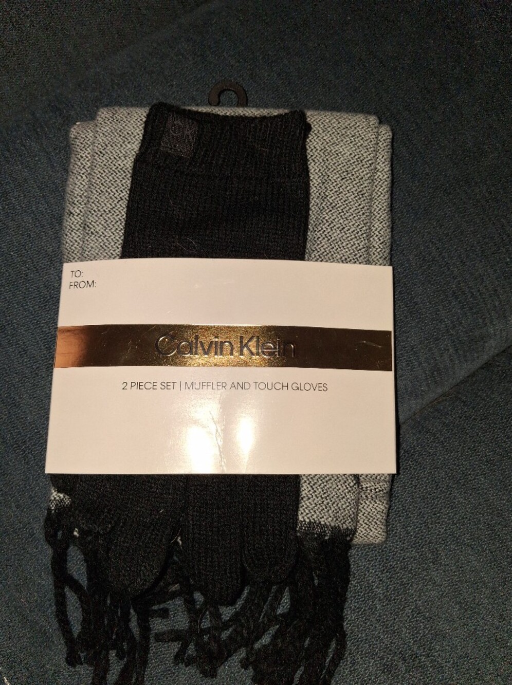 Calvin Klein Black & Gray Knit Scarf and Touch Gloves Set